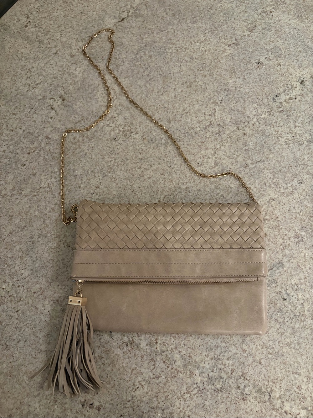 Neutral Beige Woven Leather Crossbody Clutch with Tassel